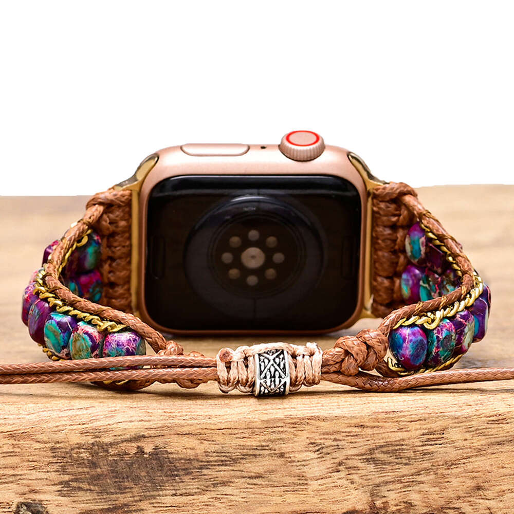 Deep Blue Purple Flower Emperor Stone Beads Handmade Woven with Bohemian Apple Watch Strap
