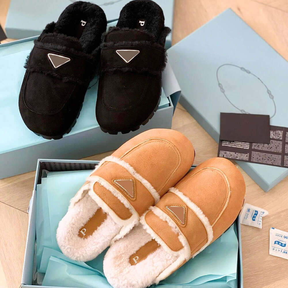 luxury Fur slide Designer mule shoe mens Furry Suede leather slipper woman fluffy teddy flat shoe winter warm snow boot loafer lady moccasins casual youth house shoes