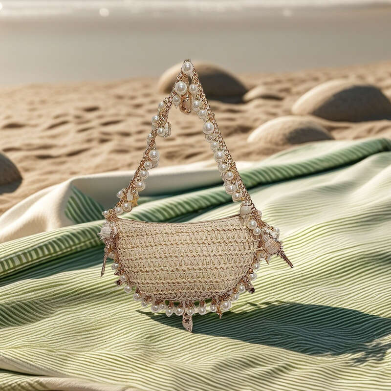 Ins Style Resort Beach Bag Seaside Vacation Tourism Conch Pentagram Handmade Grass Woven Semi Circular Fairy Tote Bag Armpit Handbag KQ