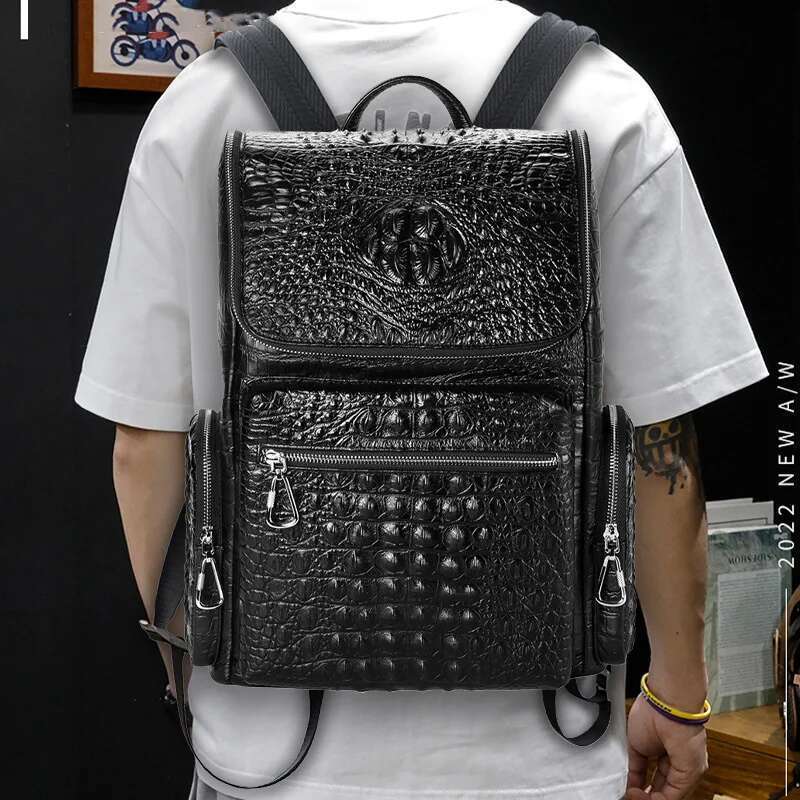 Fashion Alligator Pattern Genuine Leather For Men Business 15.6 Inch Laptop Rucksack School Computer Backpack Bag