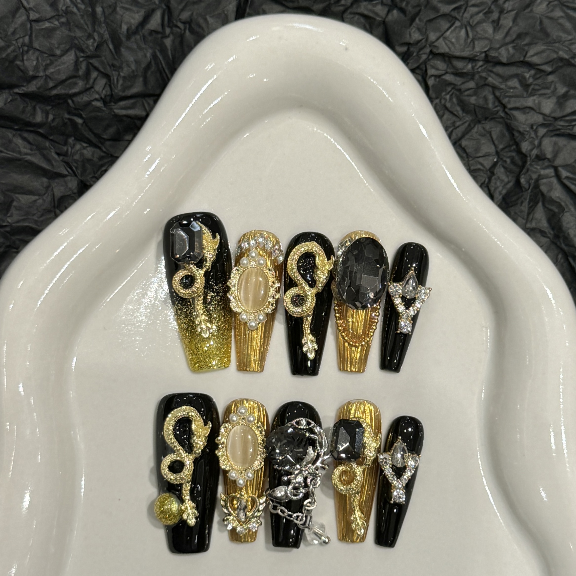 Coffin Press on Nails with Traditional Chinese Dragons Element