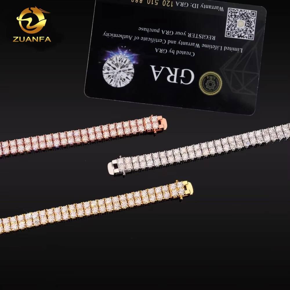 Luxury 2Rows 3mm Diamond Bracelet Hip Hop Jewelry Unisex VVS Moissanite Iced Out 925 Silver Tennis Bracelet Pass Diamond Tester