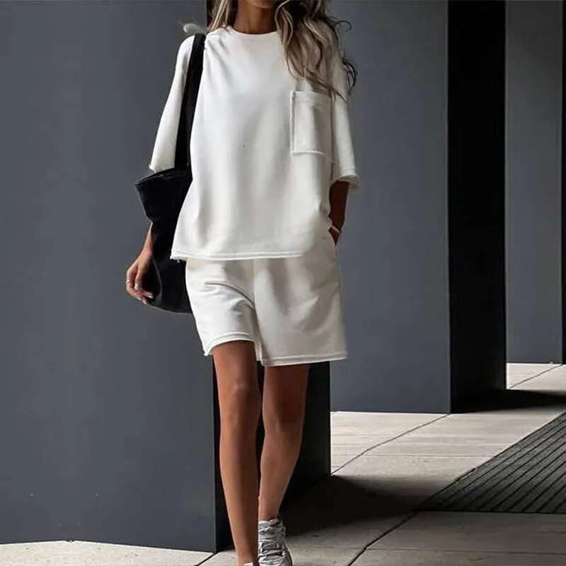 Women's 2 Set Summer Short Sleeve Round Neck Loose T-Shirt Top Wide Leg Shorts Suit Two Piece Oversized Outfits