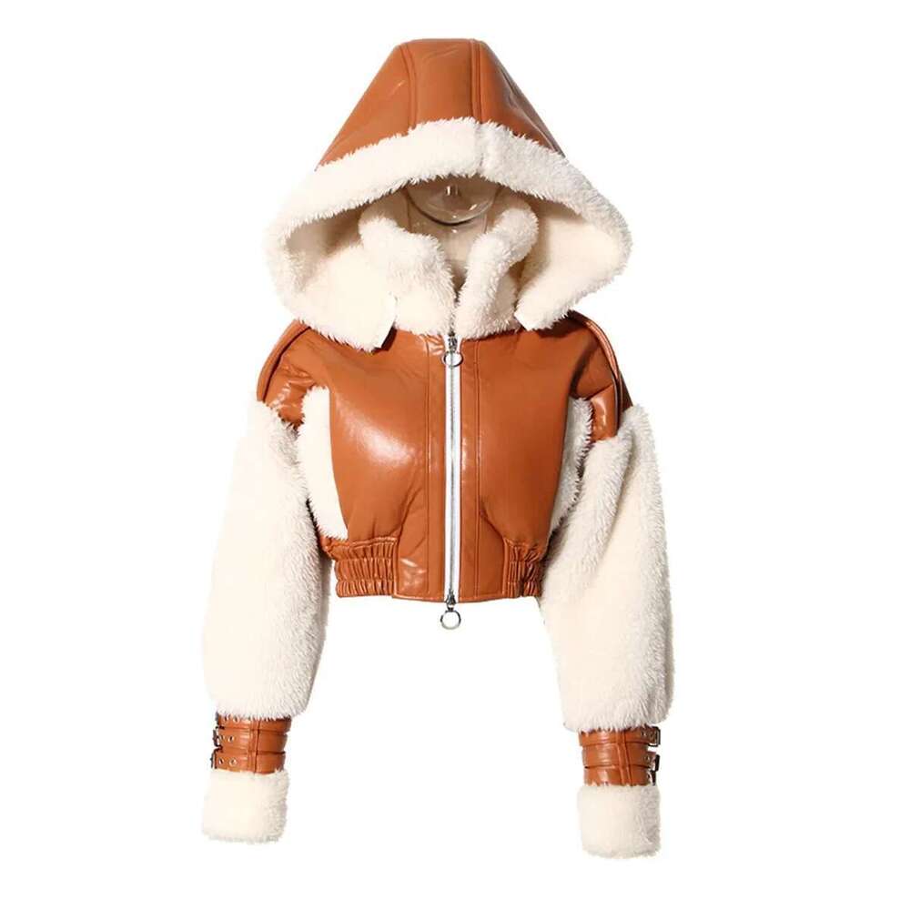 Lamb Wool Cropped Women's Winter American Style Vintage Color Blocking Hooded Motorcycle Jacket Top Thickened For Warmth