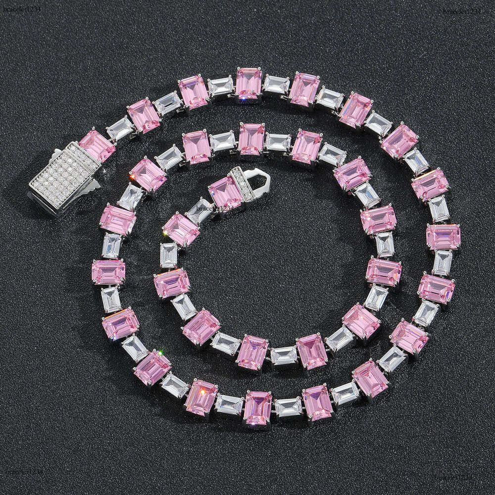 Luxury designer Pink square ice out VVS Moissanite tennis collarbone chain, hip hop necklace bracelet for men and women Free delivery