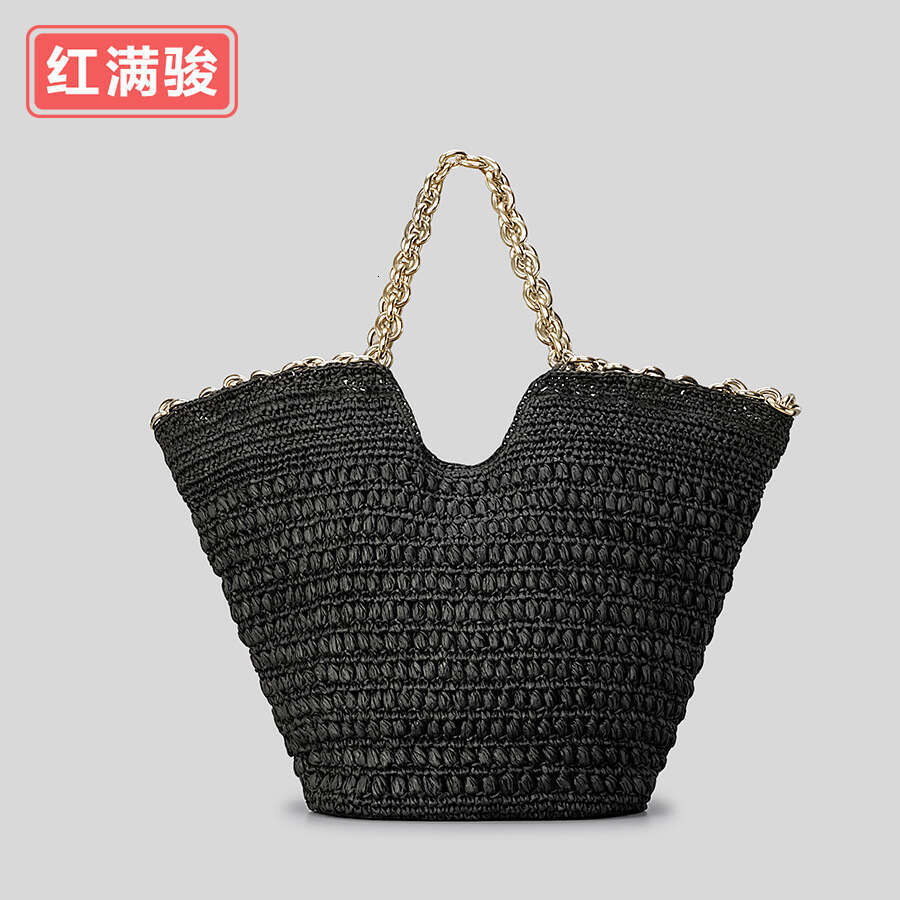 Ins Style Resort Beach Bag Handmade Paper Rope Woven Tote Bag Women S Niche Hardware Chain Handbag Beach Vacation Shoulder Bag KQ