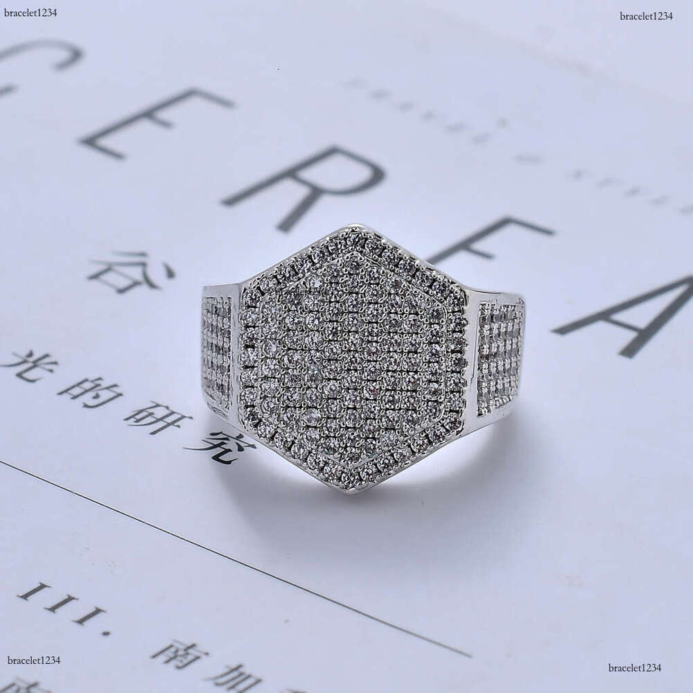 Luxury designer Hexagonal Ice Out VVS Moissanite Ring for Men Hip Hop Ring with free shipping