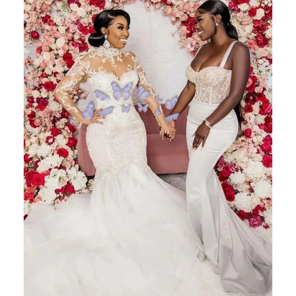 Plus Size African Wedding Dresses Mermaid Long Sleeves Appliques Beaded Women Bridal Wedding Gowns For Black Girls Customized