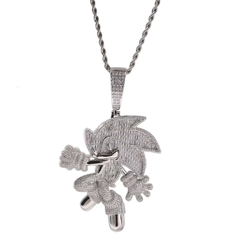 Lucky Wholesale Hip Hop Enamel 14k 18k Gold Plated Iced Out Baguette Diamond Blue Fast Sonic Pendant Necklace