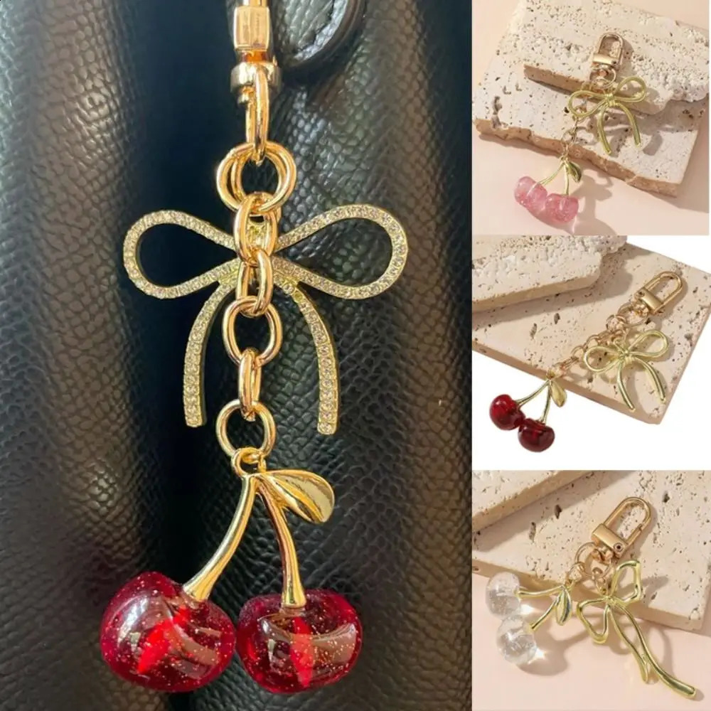 Cute Red Cherry Bag Pendant Bow Alloy Keychain Crystal Keyring Women R250423
