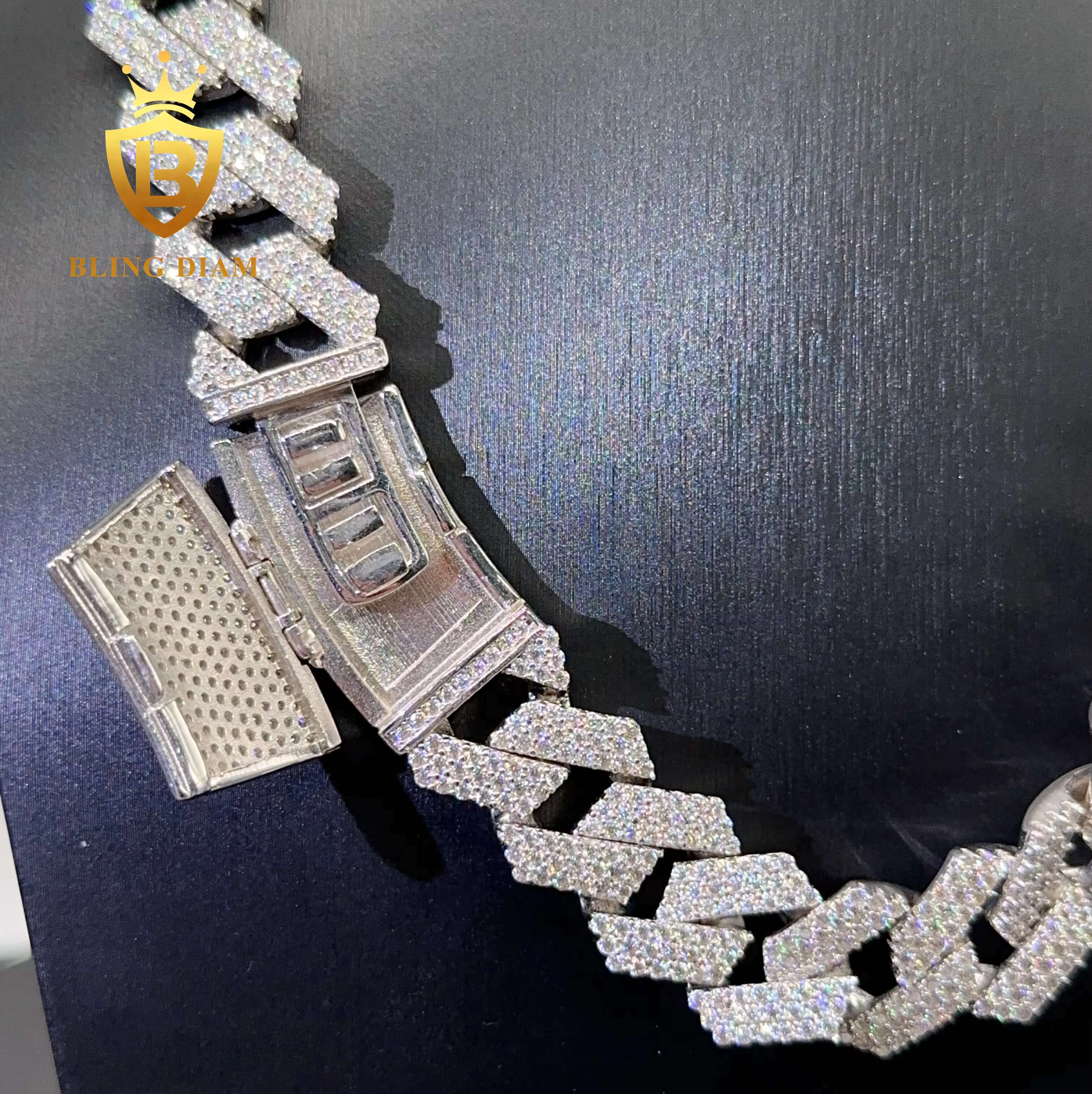 Iced Out Necklace 3 Row 18mm Hip Hop Fine Jewelry Vvs Moissanite Sterling Sier Cuban Link Chain