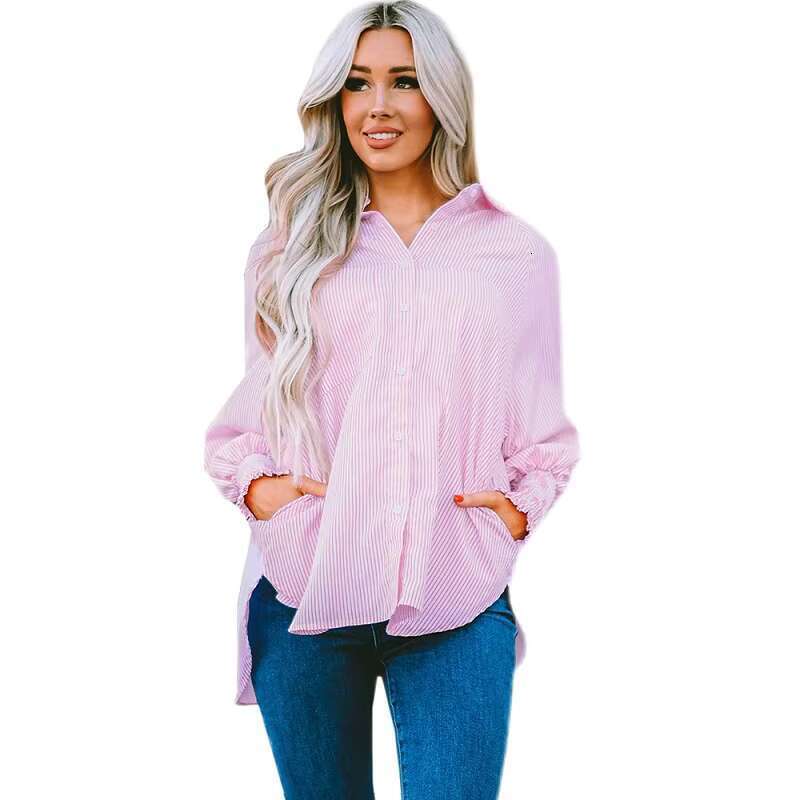 DHEssentials Women Blouse Bubble Long Sleeved Single Breasted Mid Length Shirt Cuffs Wrapped Around Striped Women's Blouses & Shirts