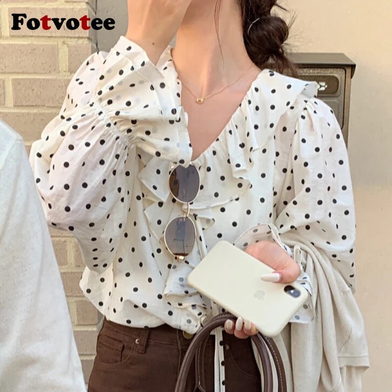 FOTVOTEE Dot Shirts for Women Ruffled V-Neck Long Sleeve Chic Blouses Spring Summer 2025 Fashion Female Comfortable Shirts 250421