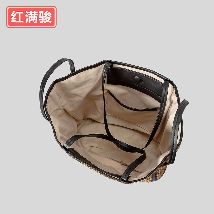 Ins Style Resort Beach Bag New Leather Shoulder Strap Contrasting Women S Large Capacity Seaside Vacation Style Bag Summer Grass Woven Bag KQ