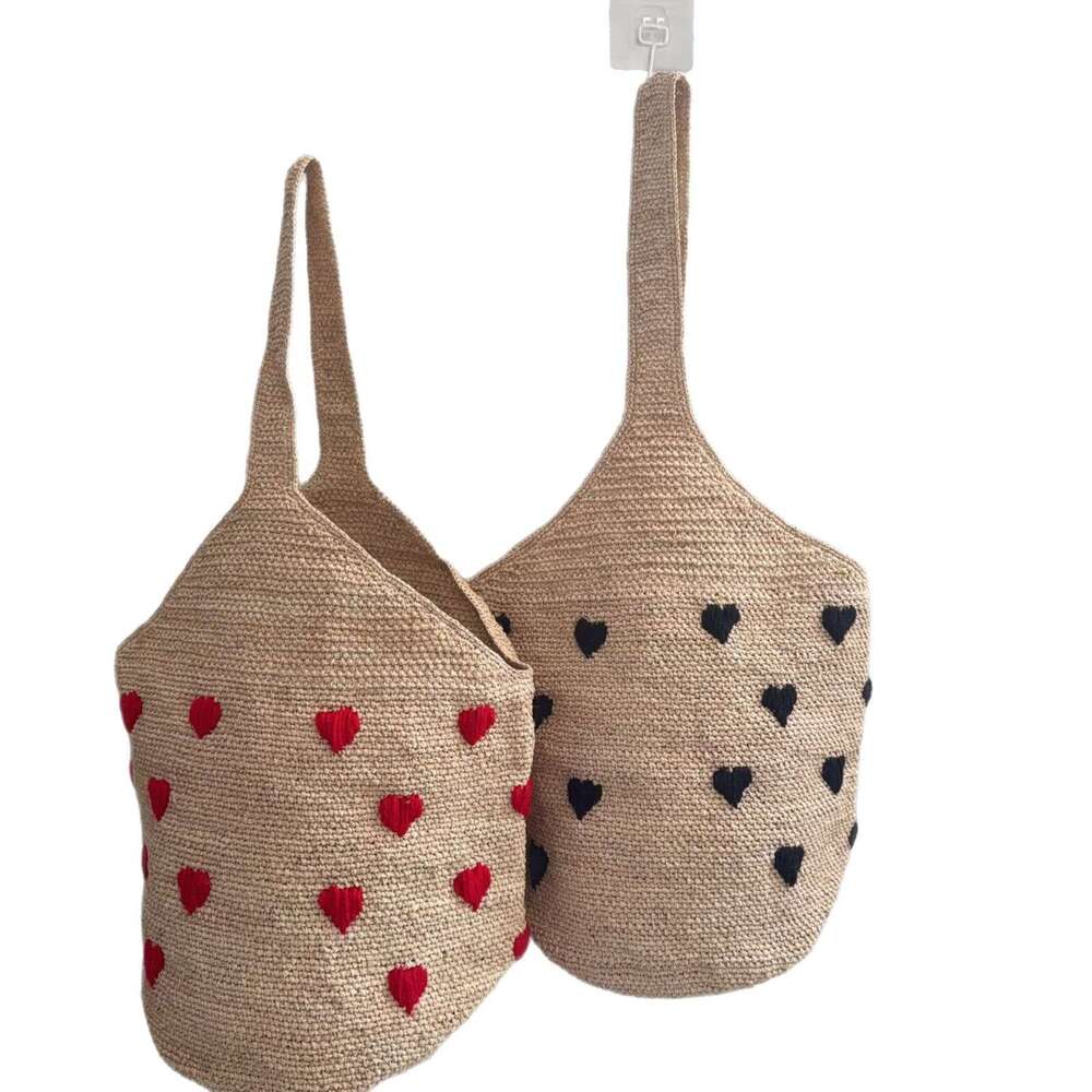 Ins Style Resort Beach Bag Handmade Hook Lafite Grass Bucket Women S Summer Shoulder Bag Heart Embroidery Fashionable And Versatile Beach Vacation Sty