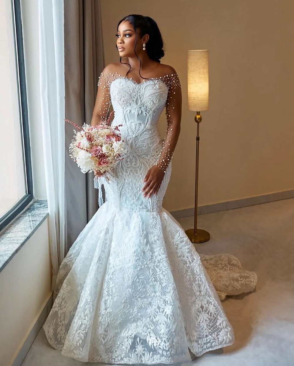 White Mermaid Wedding Dress Sheer Neck Full Sleeves Beaded Pearls Vintage Elegant Bridal Gowns Dresses