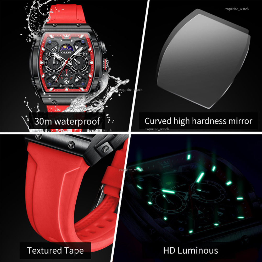 OLEVS Brand Designer Men's Casual Luxury Barrel Watch New Fashion Silicone Strap Luminous Multi-functional Quartz Waterproof Men's Watch Fre