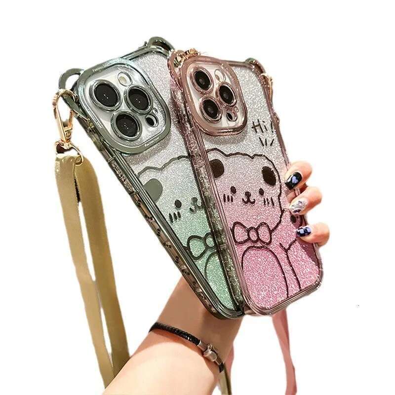 Cute glitter bear for iphone 14 13 12 11Promax new crossbody lanyard iPhone 14/15plus phone case
