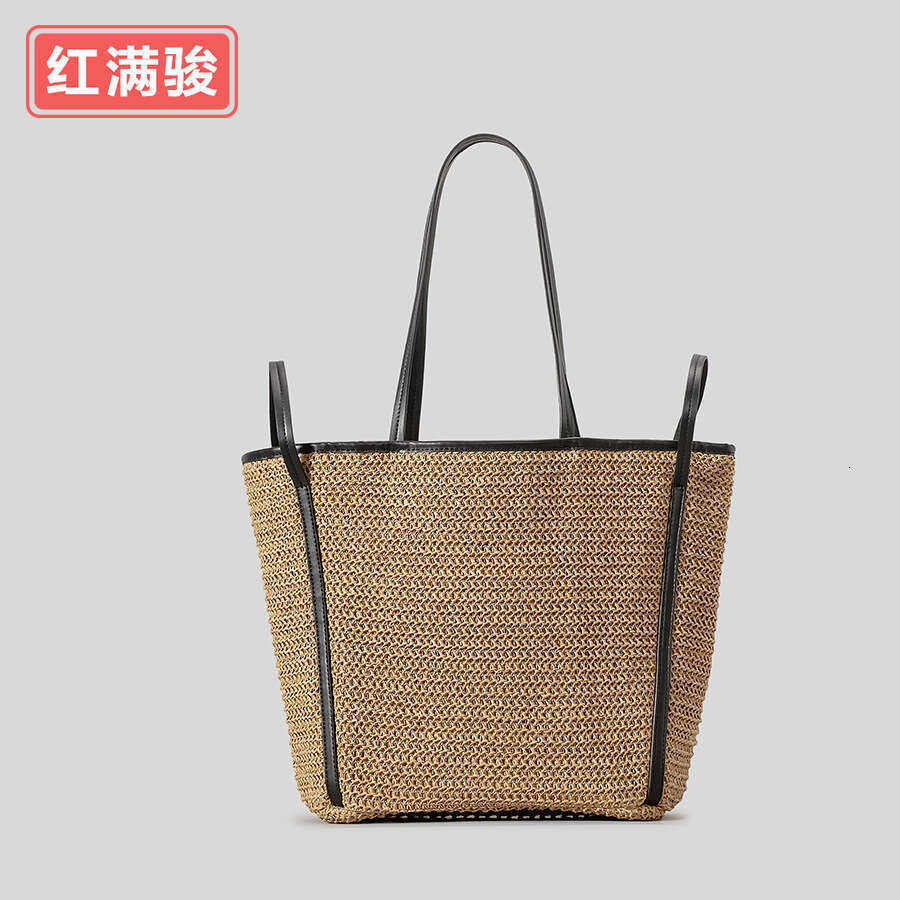 Ins Style Resort Beach Bag New Leather Shoulder Strap Contrasting Women S Large Capacity Seaside Vacation Style Bag Summer Grass Woven Bag KQ