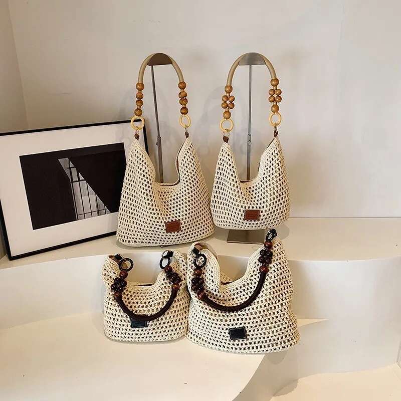 Beach Summer Women Mesh Woven Shoulder Adjustable Strap Handbag Large Capacity Hobo Bag for Travel Vacation