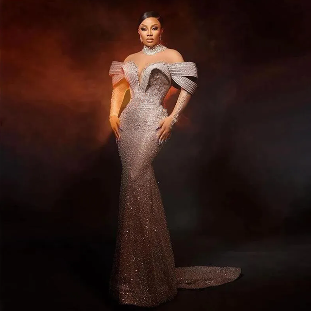Pearls Beaded Mermaid Evening prom Dresses African 2025 Aso Ebi High Neck Sheer Long Sleeves Ruffles Formal Party Dress Event Gala Gowns
