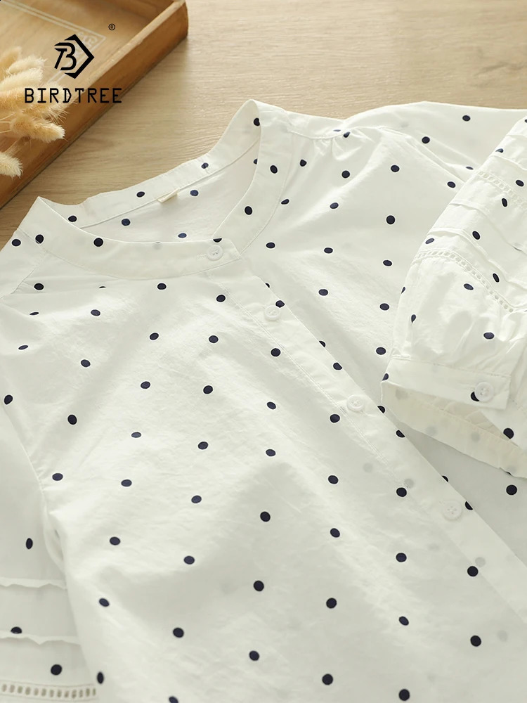 2025 Summer Cotton 3/4 Sleeve Shirt Women Stand Dot Print Hollow Out Mori French Retro Casual Loose Blouse T54417CC 250421