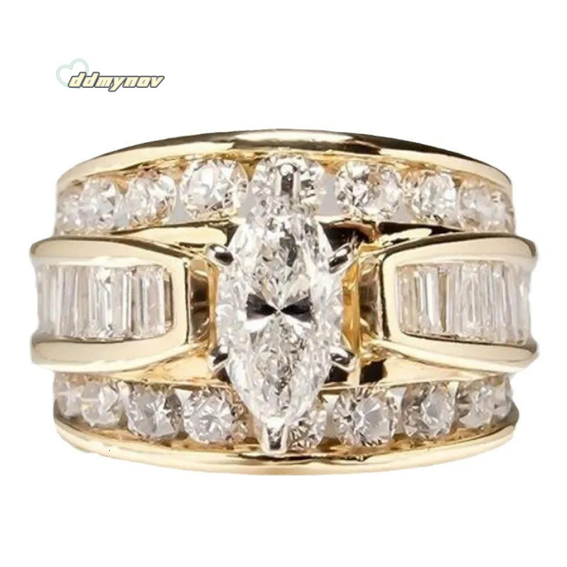 Elegant Marquise Cut Ring: 925 Sterling Silver Engagement Rings with Gold Fill, White Topaz Diamond Accent Bridal, Wedding, and Party Jewelry ddmynov
