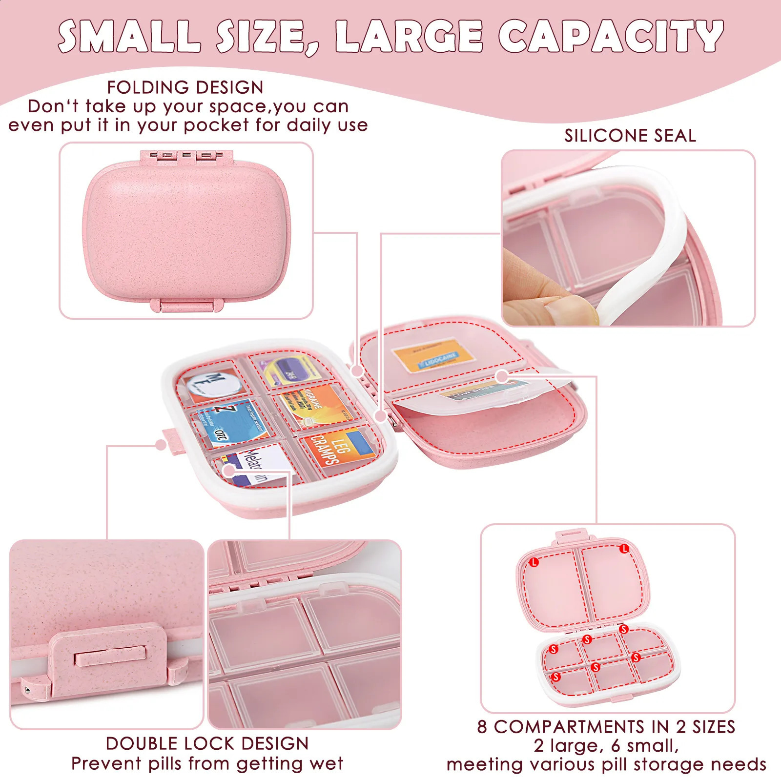 Pill Organizer 8 Compartments Storage Container w/ 175 Labels Medication Moisture Proof Storage Mini Case Travel First Aid Kit R250423