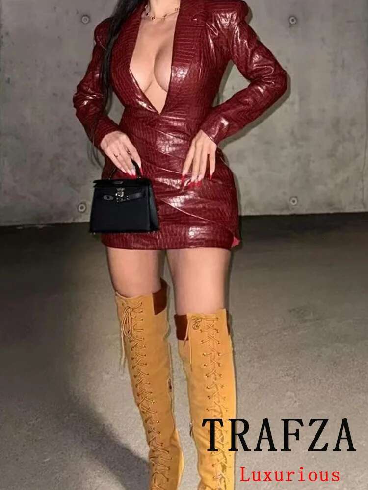 TRAFZA Sexy Leather Women Party Solid Red Long Sleeve Mini Sheath New Fashion Autumn Winter Evening Club Dress