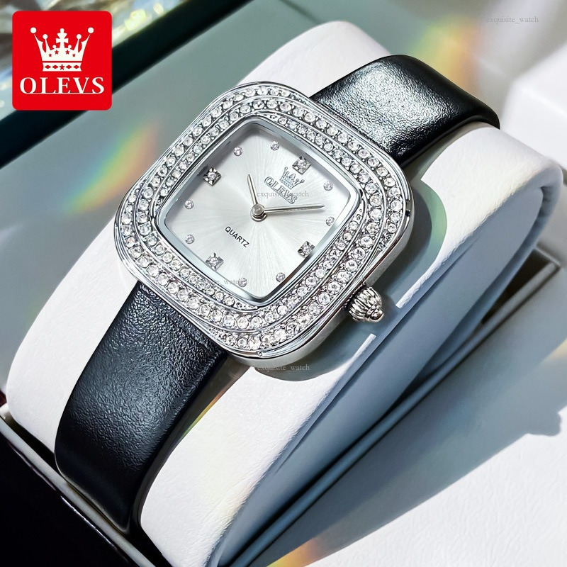 OLEVS Brand Designer Women's Casual Luxury Square Diamond Ring Fashionable Leather Strap Quartz Waterproof Luminous Women's Watch Free Deliv