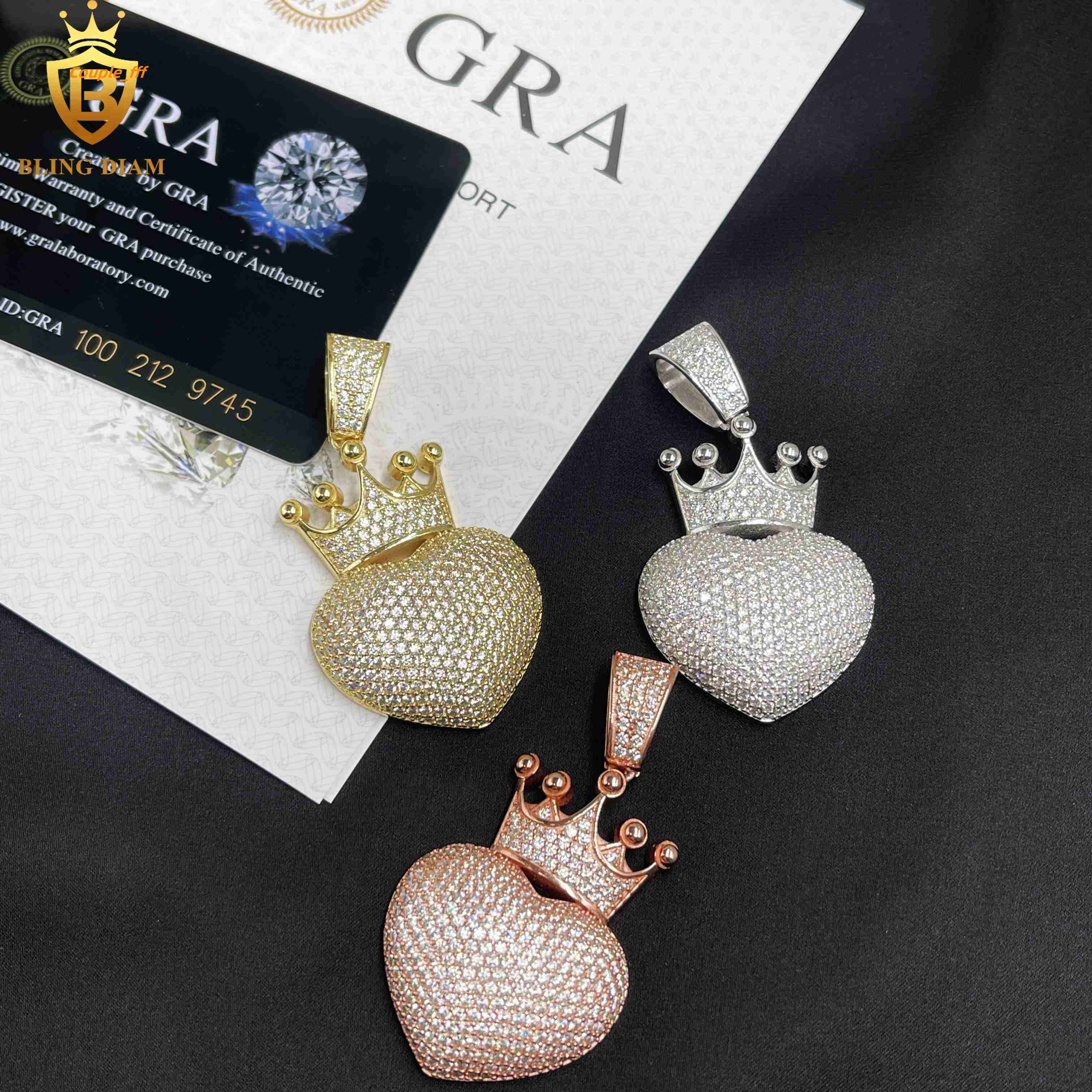 Luxury Jewelry Iced Out Jewelry Solid 925 Sterling Silver VVS Moissanite Pass Diamond Tester Heart Pendant Necklace