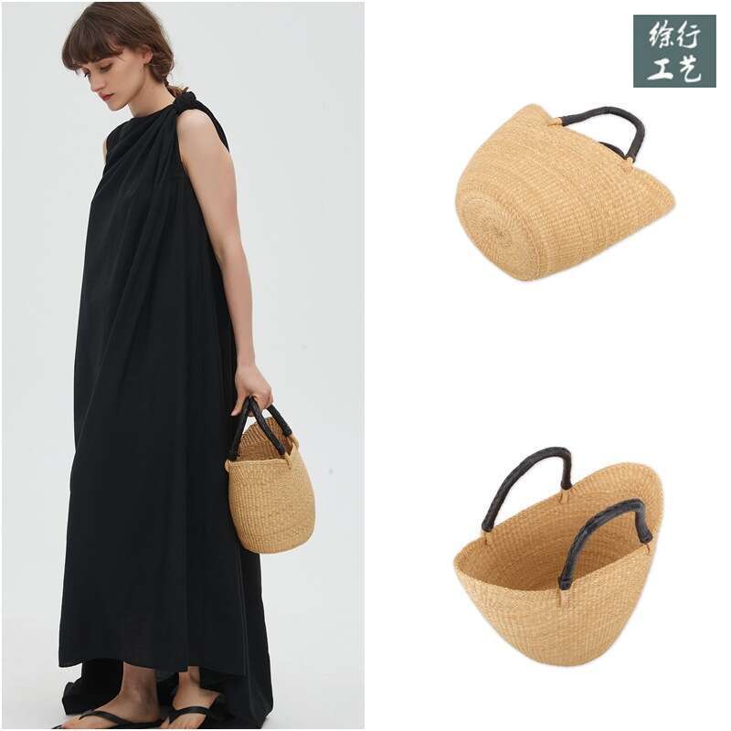 Ins Style Resort Beach Bag Straw Woven U Shaped Handmade Water Bucket Vegetable Basket Women S Bag Rattan Vacation Beach Handbag KQ