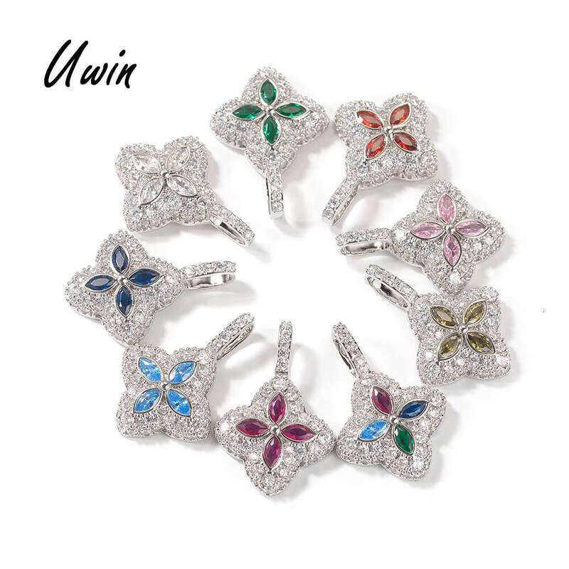 Uwin Iced Out Luminous Colorful VVS Moissanite Clover Blue Marquise Pattern Infinity Pendant