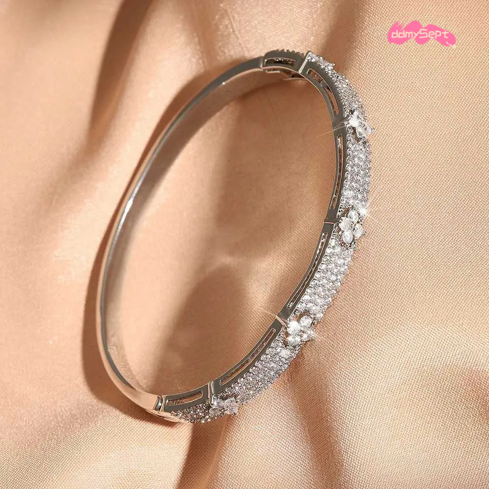 Zircon Bangle Bracelet Open Brass Flower Design Cuff for Women Exquisite Wedding Party Jewelry Gift H11.21 ddmysept
