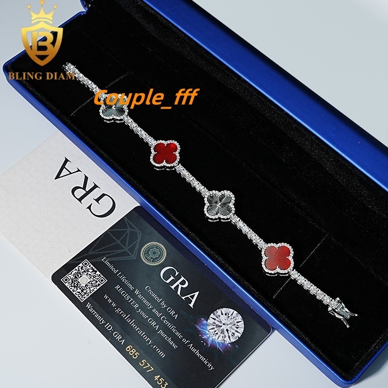 Fashion Clover Moissanite Tennis Chain Bracelet 925 Sterling Silver 3mm Moissanite Bracelet Pass Diamond test for Men Women