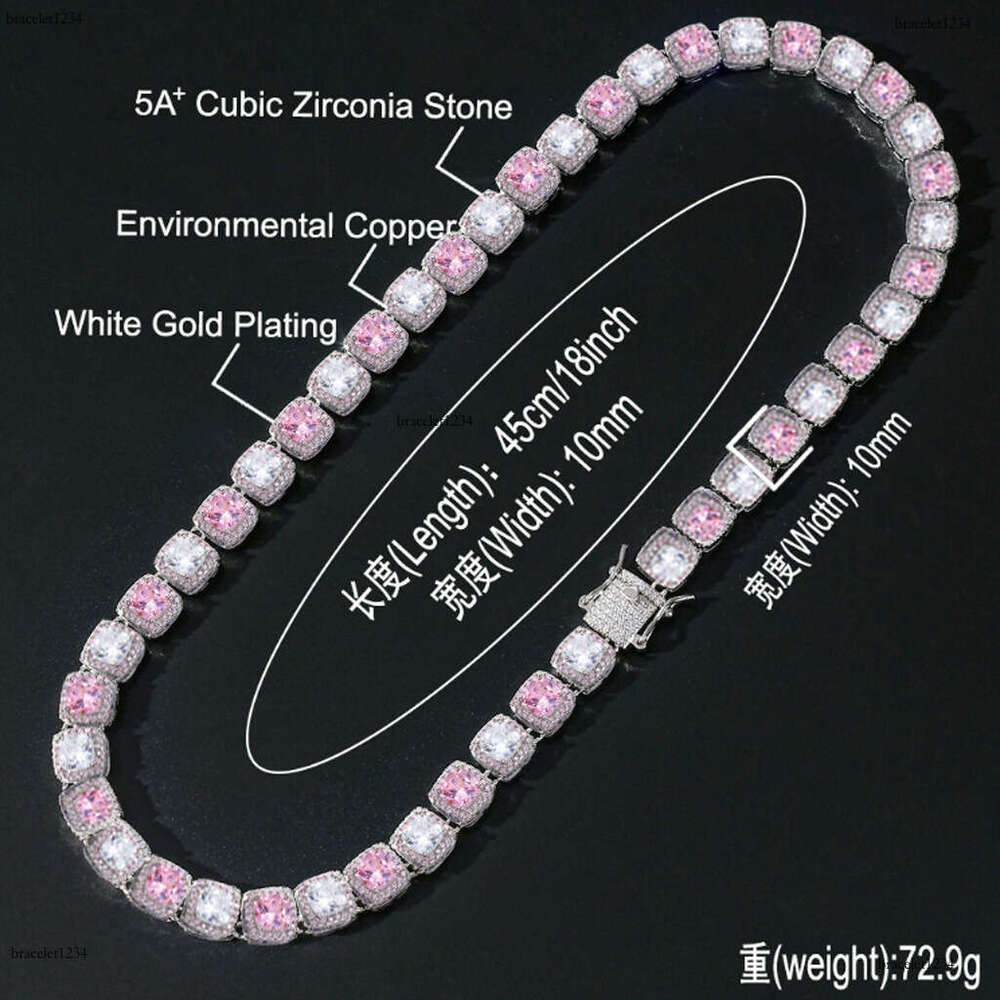 Designer Luxury 10mm square pink white rock sugar real gold plated ice VVS Moissanite collarbone chain Hip Hop necklace Free delivery