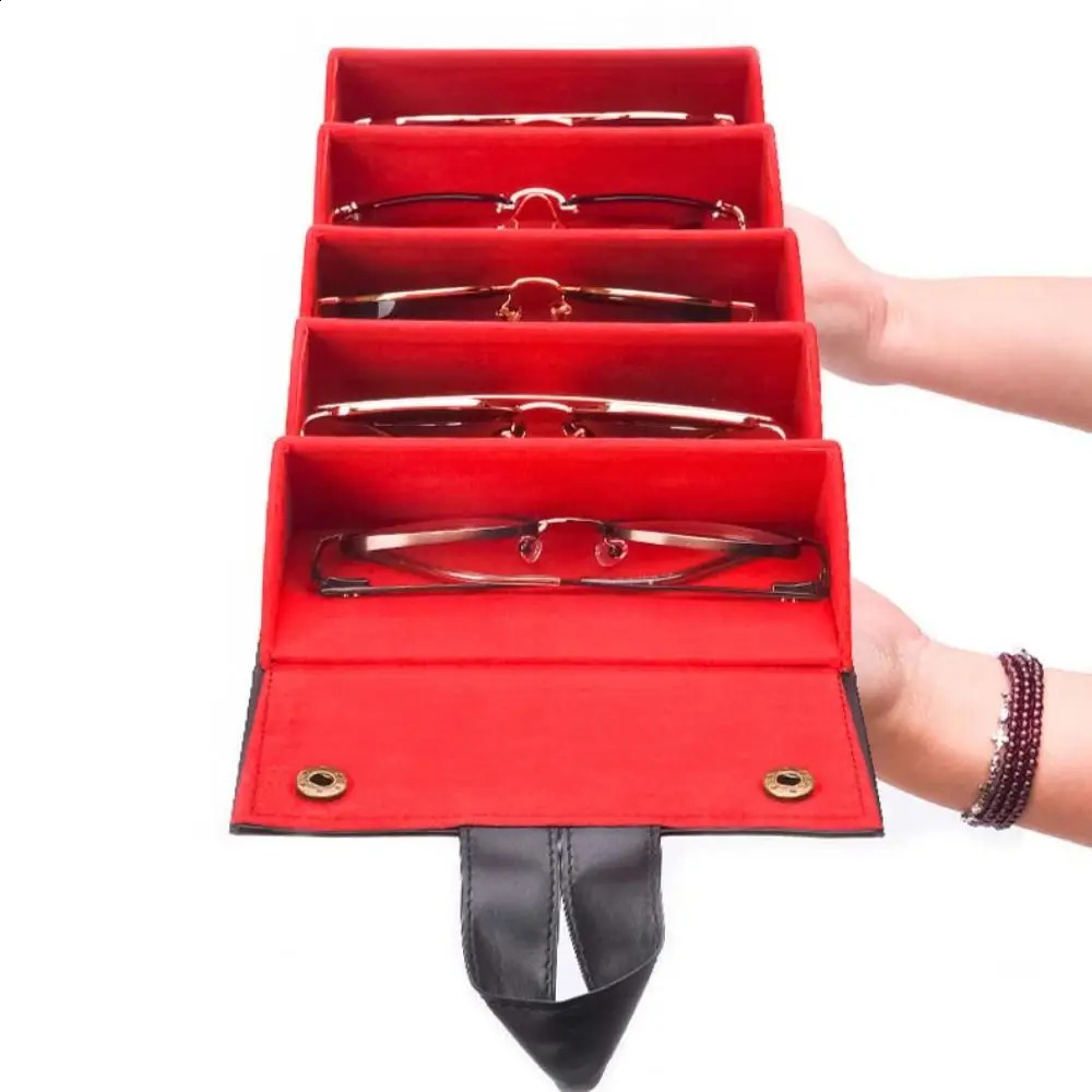 Simple folding 5-slot glasses case glasses holder PU sunglasses case jewelry manager snap button sunglasses display box travel 250420