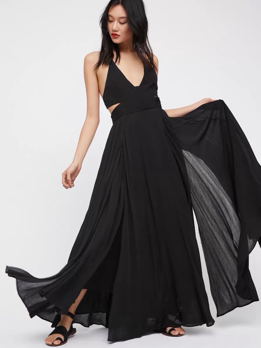 2025 new backless beach maxi dress halter neck cotton long swing dress