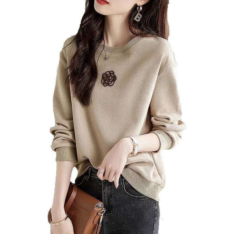 Gentle Style O-Neck Long Sleeve Embroidery Floral Spring Autumn New Sweatshirt Loose Basic Casual Solid Color All-Match Tops