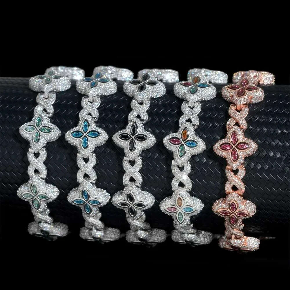 Hot Selg Colorful Hip Hop Iced Out Jewelry 15mm Sier Clover Cuban Moissanite Infinity k Bracelet for Men Free delivery