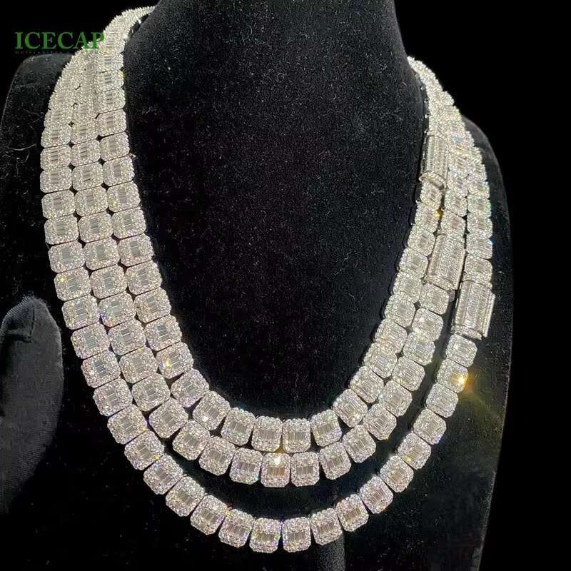 Fully Iced Out Baguette Round Cut VVS Moissanite Tennis Chain 925 Silver Diamond Necklace