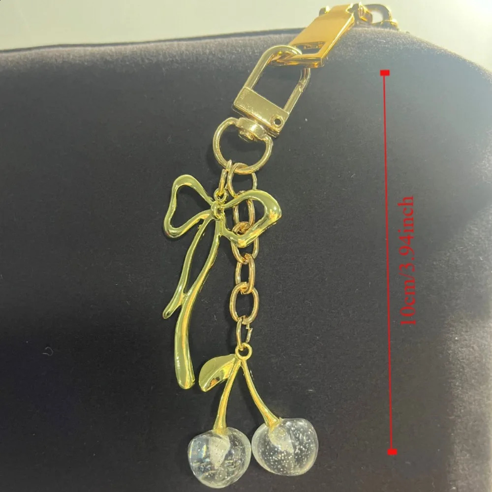 Cute Red Cherry Bag Pendant Bow Alloy Keychain Crystal Keyring Women R250423