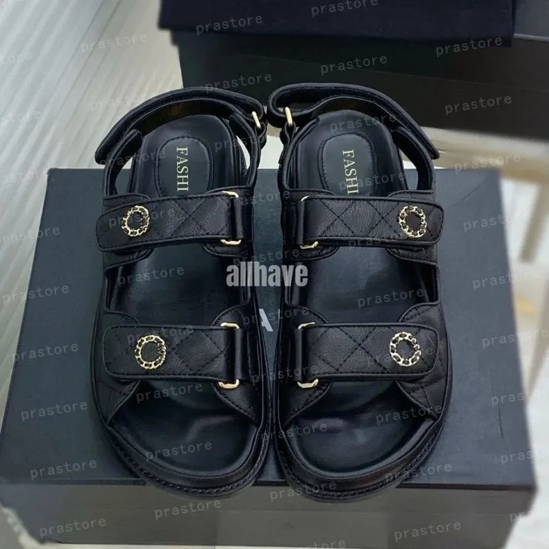 Women Calfskin Dad Sandal Quilted Summer Designer Sandles Shoes Platform Flats Low Heel Wedge Diamond Buckle Sandal slipper Beach Flip Flop