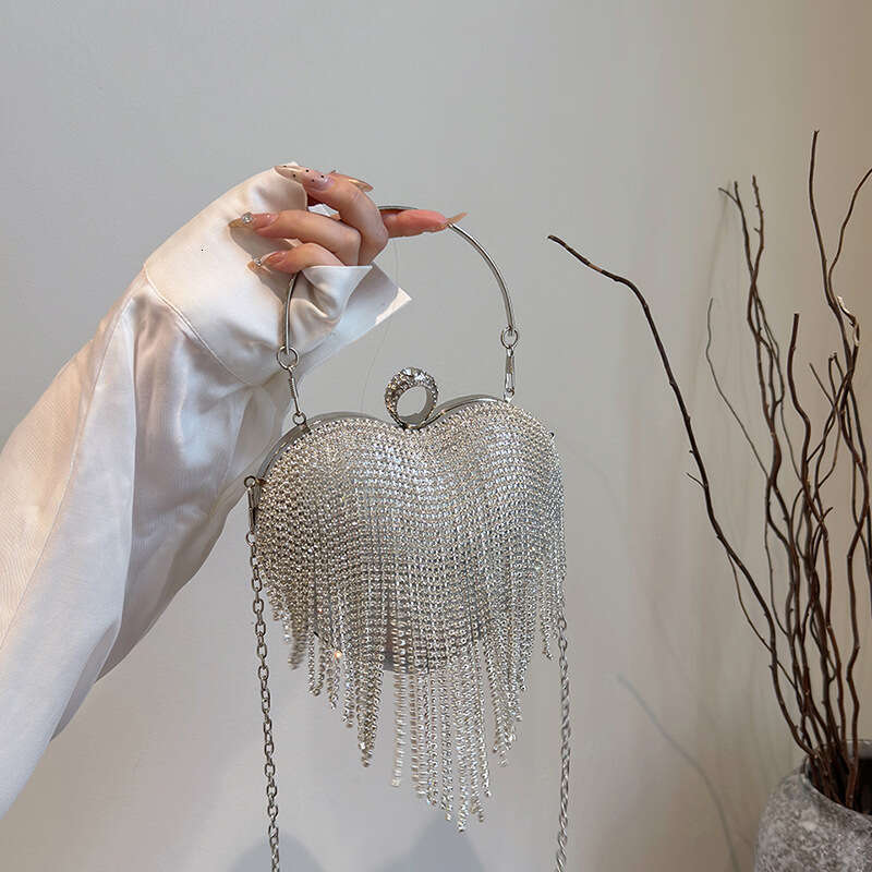 Diamond Studded Dinner Bag, Heart-Shaped Tassel Women's Party Handbag, Versatile Dress And Evening Outfit Bag