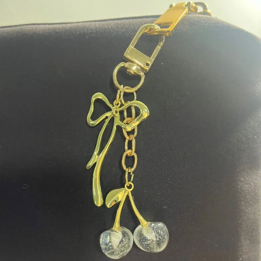 Cute Red Cherry Bag Pendant Bow Alloy Keychain Crystal Keyring Women R250423