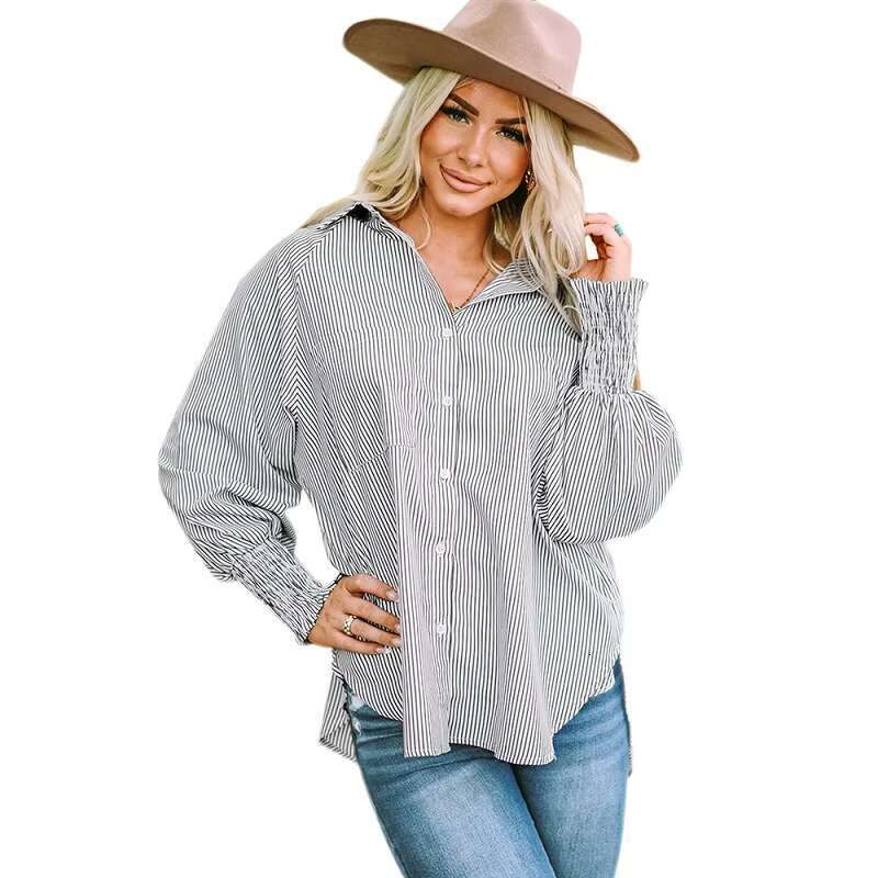 DHEssentials Women Blouse Bubble Long Sleeved Single Breasted Mid Length Shirt Cuffs Wrapped Around Striped Women's Blouses & Shirts