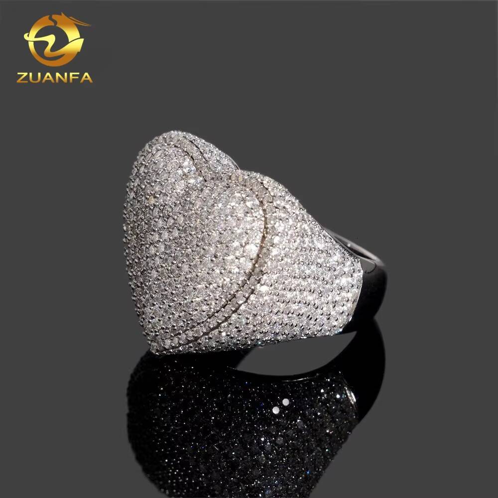 Ready to Ship Heart Shape Hip Hop Rapper VVS Moissanite Fine Jewelry Diamond Iced Out Jewelry 925 Silver Ring for Men