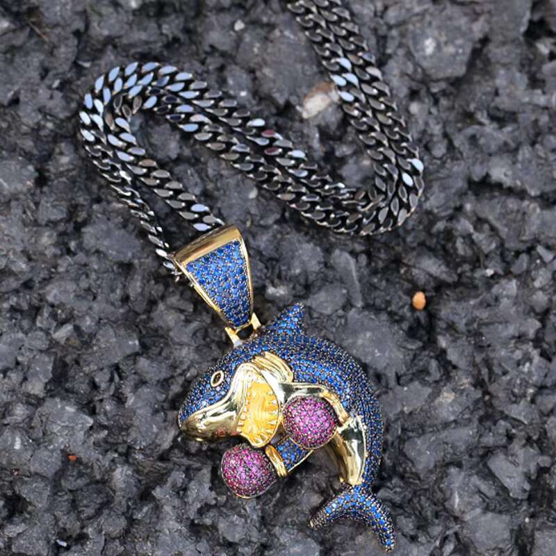 Hot Selling Hip Hop Cartoon Necklace Boxing Shark Moissanite Pendant Gun Cuban Chain Personalized Necklace Jewelry for Men