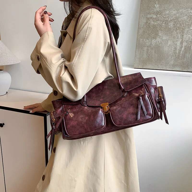 Retro Heavy Industry Large Capacity Spicy Girl Millennium Underarm With Pockets And Multiple Totes, Motorcycle Bag