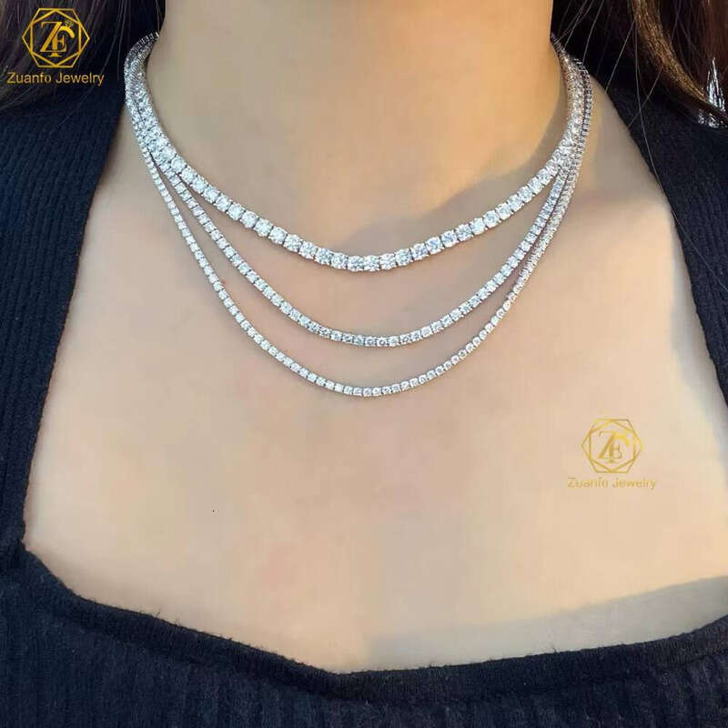 Hot Sell Tennis Chain 3mm 4mm 14K Solid White Gold Full Dia LAB Grown Women Necklace Fine Jewelry